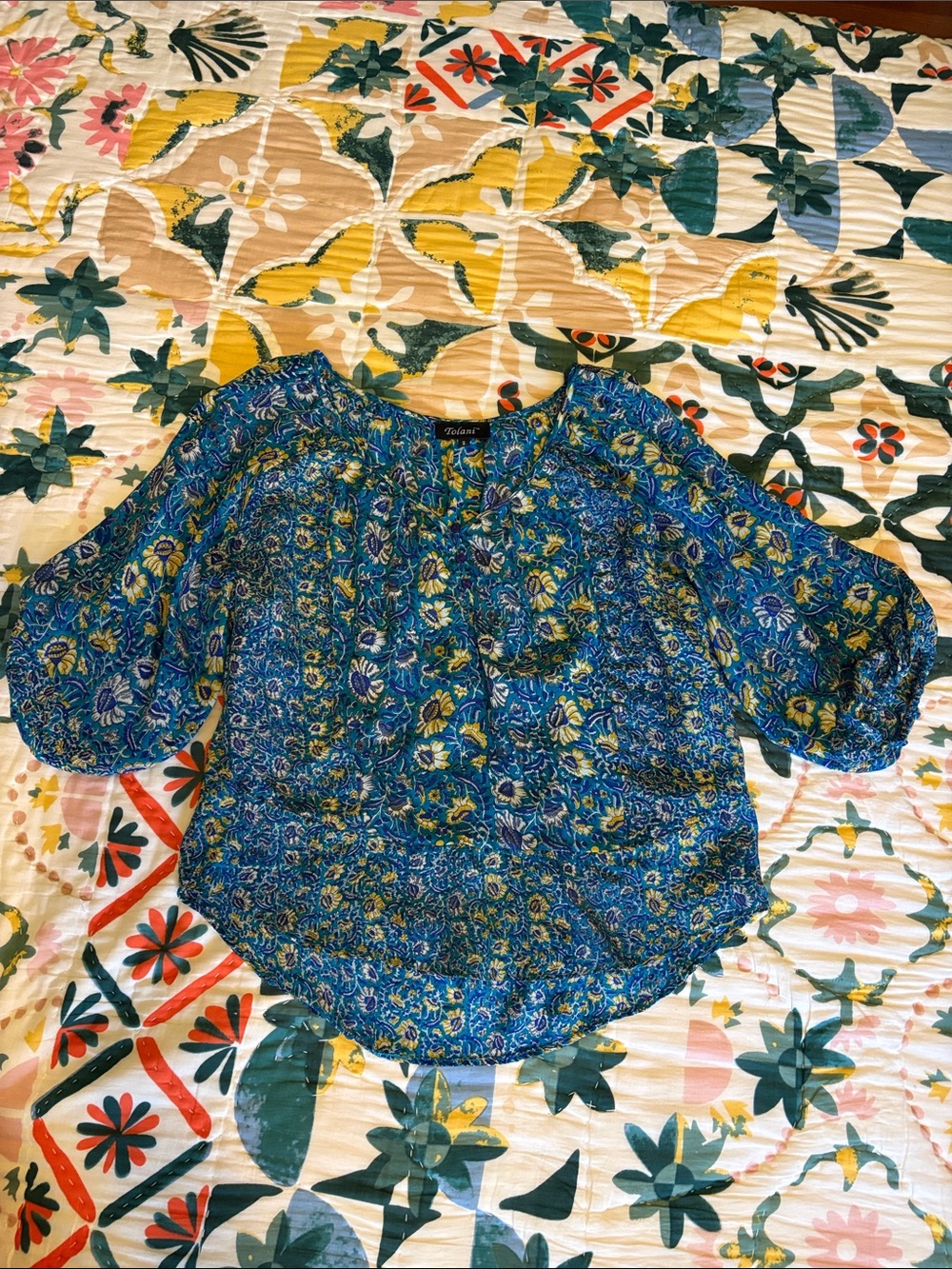 Tolani Teal Floral Peasant Top